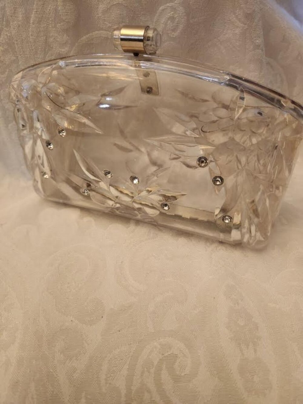 VINTAGE CLEAR LUCITE HARD CASE CLUTCH PURSE W/BLING